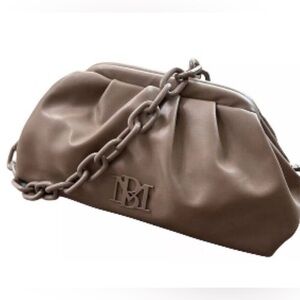 Badgley Mischka taupe brown frame clutch bag vegan leather snap closure chain